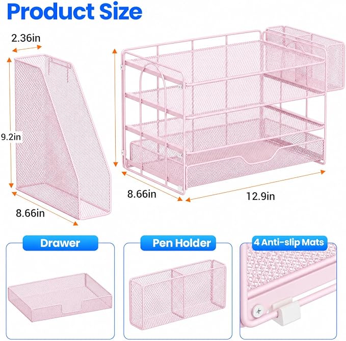 OPNICE Desk Organizer, 4-Tier Desktop File Organizer with Drawer and Pen Holders, Office Desk Accessories, File Sorters, Workspace Organizers for Office Supplies(Pink)