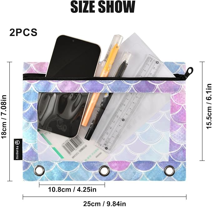 Gredecor Binder Pencil Pouch 3 Ring Magic Pink-Blue Mermaid Scales Zipper Pencil Pouches Case 2 Pack Clear Binder Organizer for School Office
