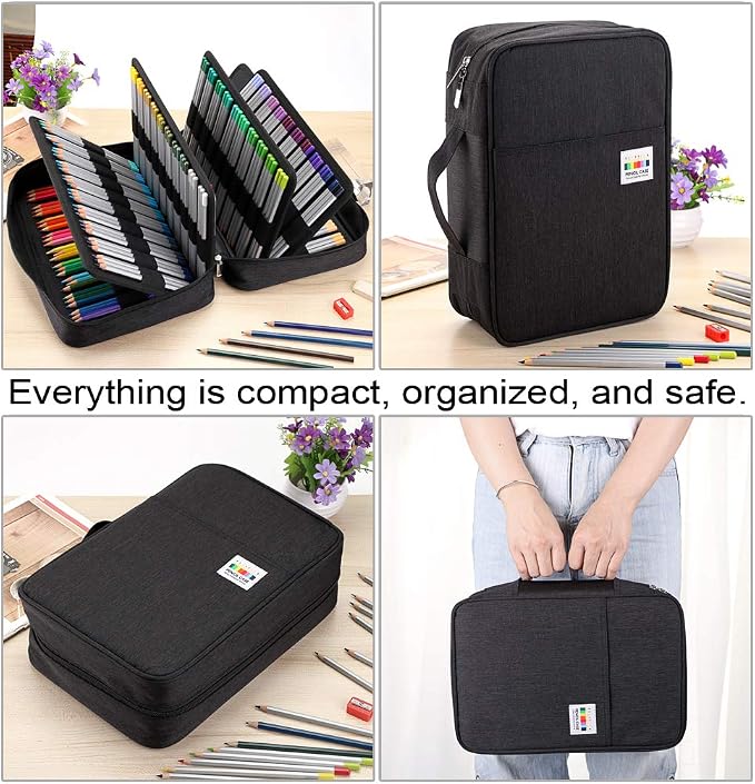 BTSKY Colored Pencil Case 300 Slots Pen Pencil Bag Organizer with Handy Wrap Portable- Multilayer Holder for Crayola Colored Pencils & Gel Pen(Black)