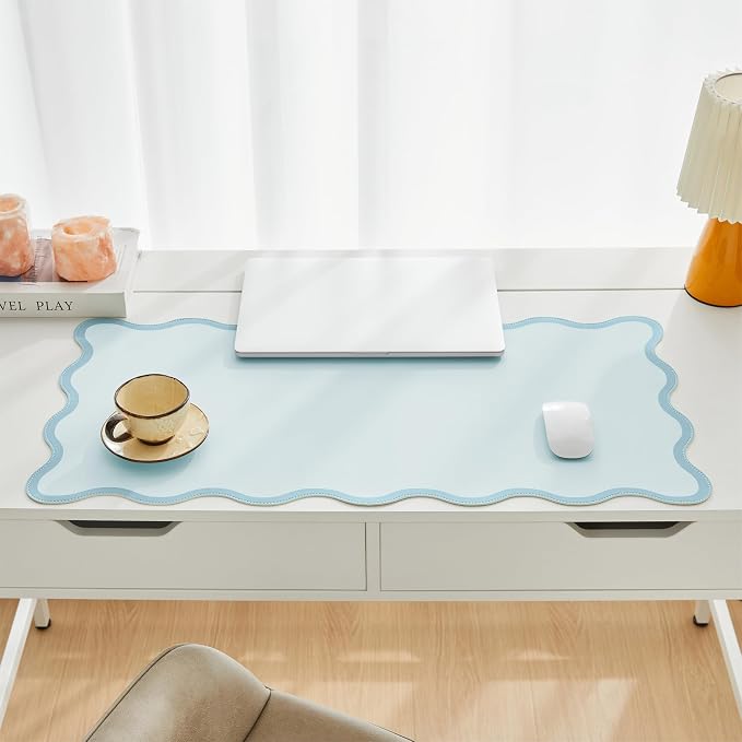 Scalloped Desk Mat, 31.5" x 15.7", PU Leather, Waterproof Anti-Slip, Cute Aesthetic Desk Pad for Office/Home/Game/Vanity (Blue, 31.5" x 15.7")