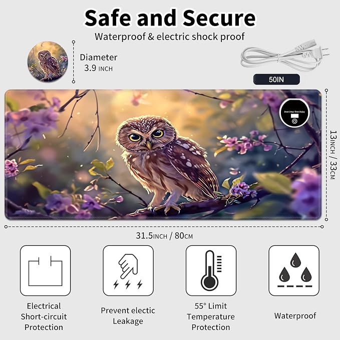 Warm Desk Pad,Heated Desk Pad,Office Mat,3 Heating Levels & 3 Hours Auto Shut-Off,31.5"*13" Gaming Mouse Laptop Keyboard Leather Desk Mat,Cute Owl Purple