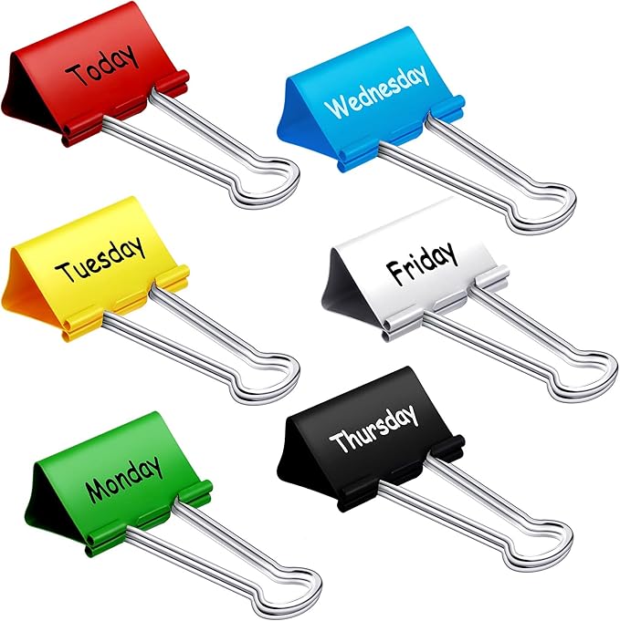 Tenare 6 Pack 2 Inch Teacher Binder Clips, Classroom Paper Organizer | Includes Monday, Tuesday, Friday ,Wednesday, Thursday and Today for Classroom Management Paper Sorting-School Office Supplies