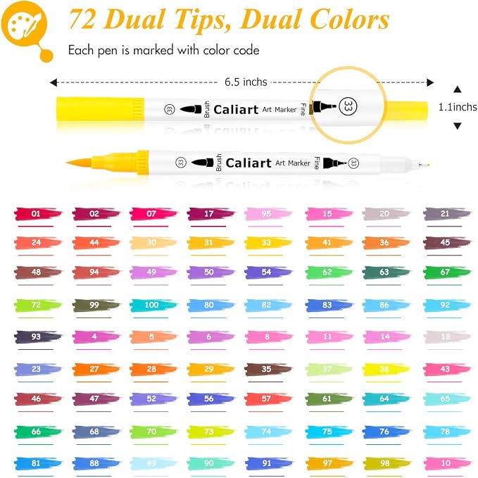 Caliart 72 Colors Double Tip Brush Pen Art Markers for Adult Coloring Books | Artist Fine & Brush Coloring Markers for Journaling Calligraphy Drawing Gifts Teacher Office Art Supplies
