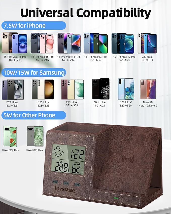 Pen Holder for Desk, Desk Organizer with Wireless Charger, Built in Digital Indoor Thermometer and Humidity Monitor, Multi-Functional Pencil Organizer for Home Office Supplies, Brown
