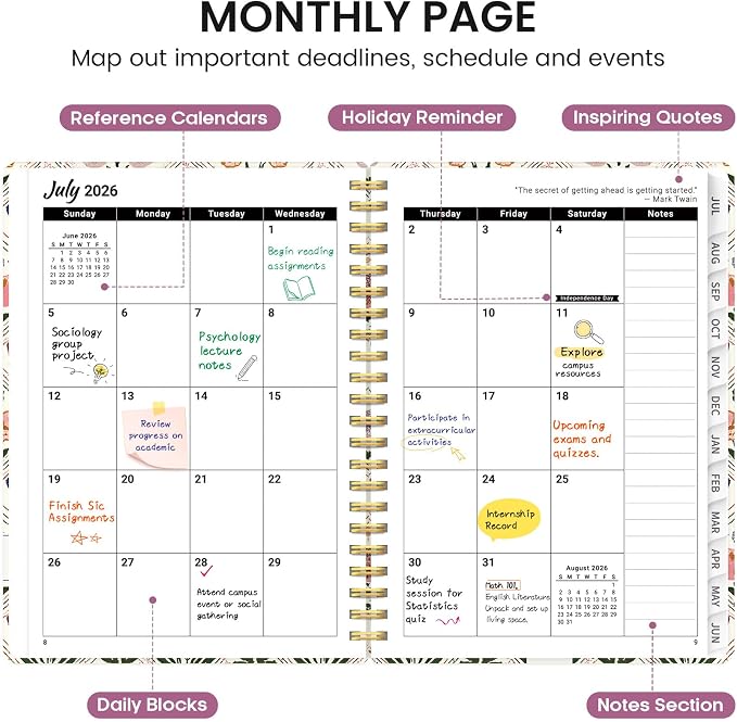 Planner 2026-2027, Academic Monthly and Weekly Calendar Planner for Women, July 2026 - June 2027, Hardcover Pretty Agenda Planner Book with Tabs, Spiral Daily Organizer for School Office Home Supplies, 6.3" x 8.5" - Butterfly Patchwork