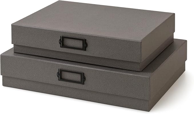 Soul & Lane - Legal Size Document Storage Boxes with Lids, Set of 2, Gray | A3 Decorative Boxes for Art, Scrapbooks and Papers with Metal Label Holders, Large Grey Photo Keepsake Storage for Memories