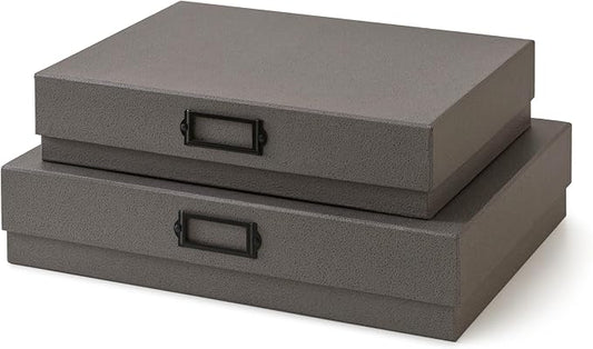 Soul & Lane - Legal Size Document Storage Boxes with Lids, Set of 2, Gray | A3 Decorative Boxes for Art, Scrapbooks and Papers with Metal Label Holders, Large Grey Photo Keepsake Storage for Memories