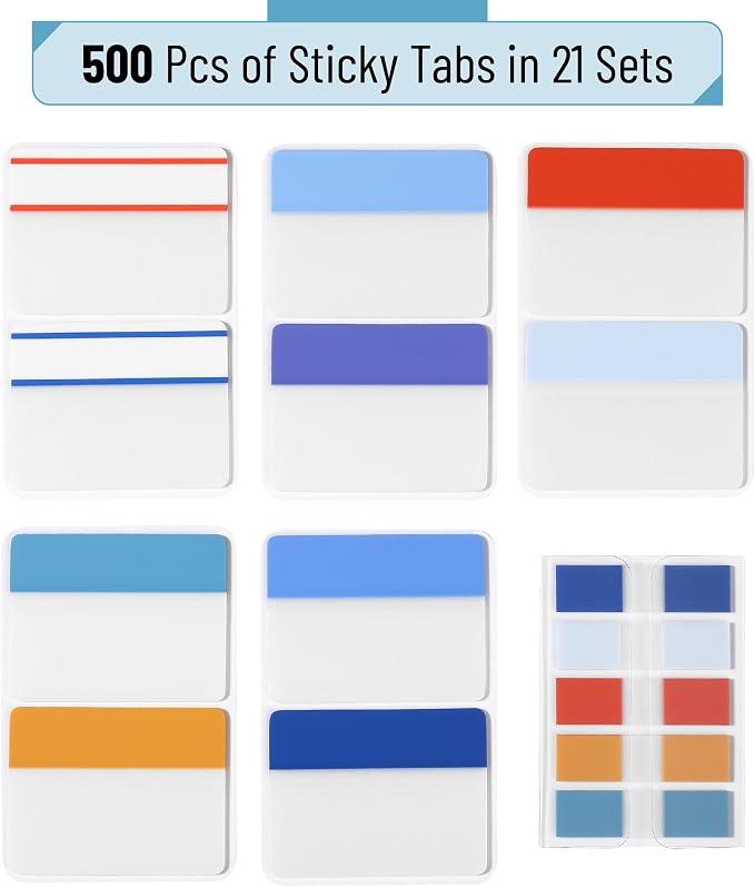 Mr. Pen- Sticky Index Tabs, 500 Pcs, 21 Sets, Colorful | Writable Colored Pages Markers Labels for Reading Notes, Books, Binders, Notebook, Folders and Classify Files