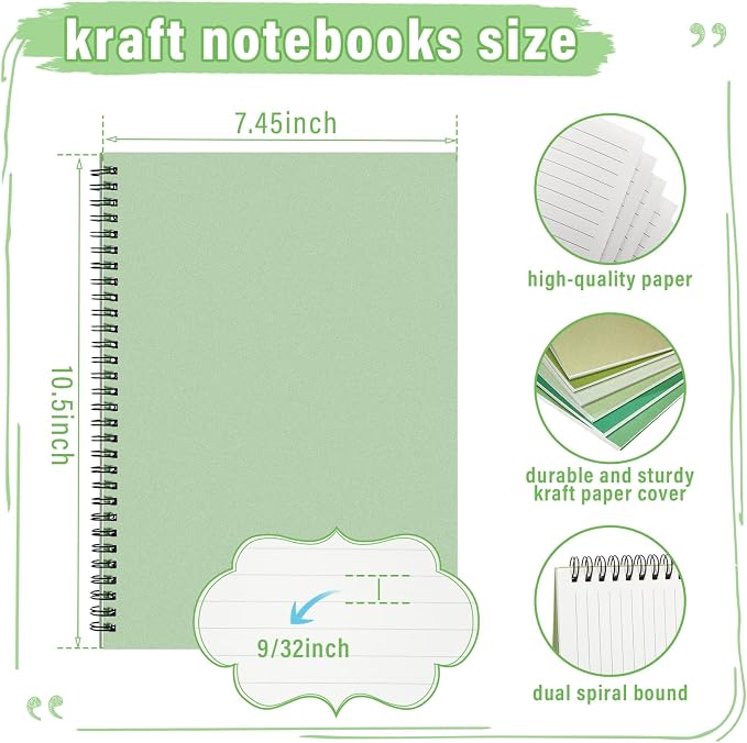 Fuutreo 6 Pack Spiral Notebook 10.5x7.45 Notebook,Green Series,Forest