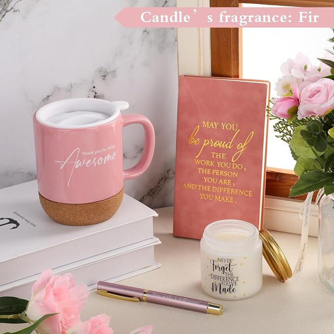 Sayglossy 4 Pcs Thank You Gift Set for Women Men Back to School Teacher Appreciation Gift Leather Notebook Inspirational Coffee Mug Scented Candle Ballpoint Pen for Employee Coworker Nurse Boss, Pink