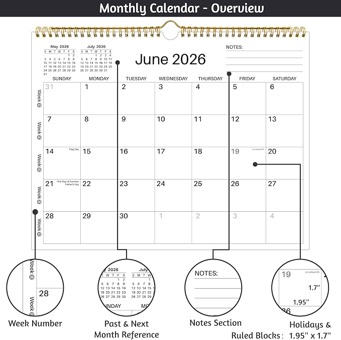 Wall Calendar 2026-2027 - June 2026 - December 2027, 19 Monthly Calendar 2026-2027, 14.6" x 11.42", with Large Daily Blocks, Thick Paper, Holidays, Week's Numbers＆ Notes, Minimalist Design
