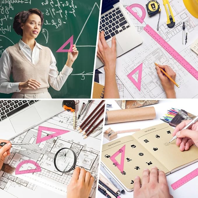 Plastic Clear Ruler Math Set, 6" | 12" Straight Ruler Protractor, 2 Protractors 180 Degree 2 Triangle Rulers 45 | 60 Degree 2 Straight Rulers Measuring Tool for School Office Home Supplie,Pink