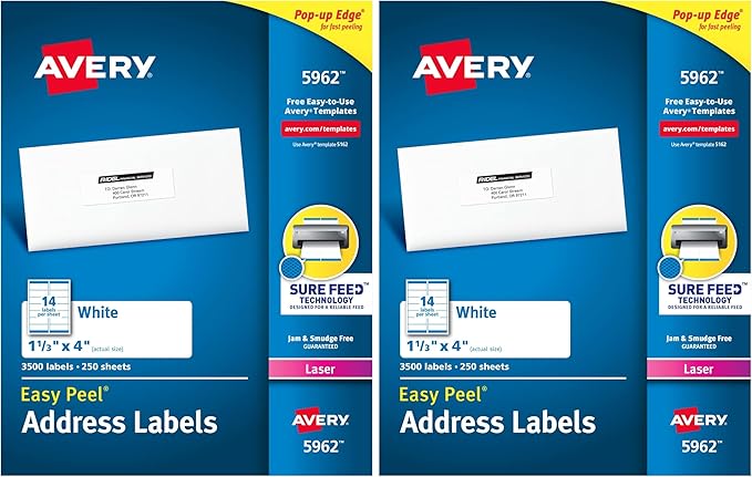 Avery Easy Peel Printable Address Labels with Sure Feed, 1" x 4", White, 3,500 Blank Mailing Labels (05962) (Pack of 2)