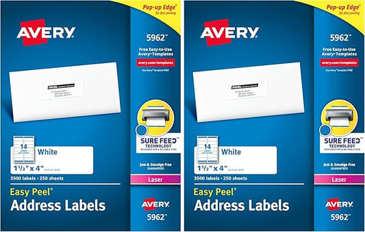 Avery Easy Peel Printable Address Labels with Sure Feed, 1" x 4", White, 3,500 Blank Mailing Labels (05962) (Pack of 2)