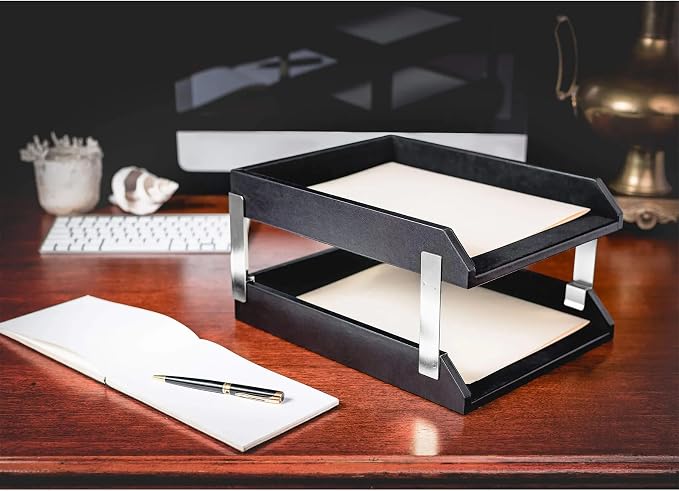 DACASSO Black Leather 11-Piece Desk Set - Luxury Leather Desk Pad & Desk Organization Essentials - Office Organization & Executive Desk Decor - (Silver Accent)