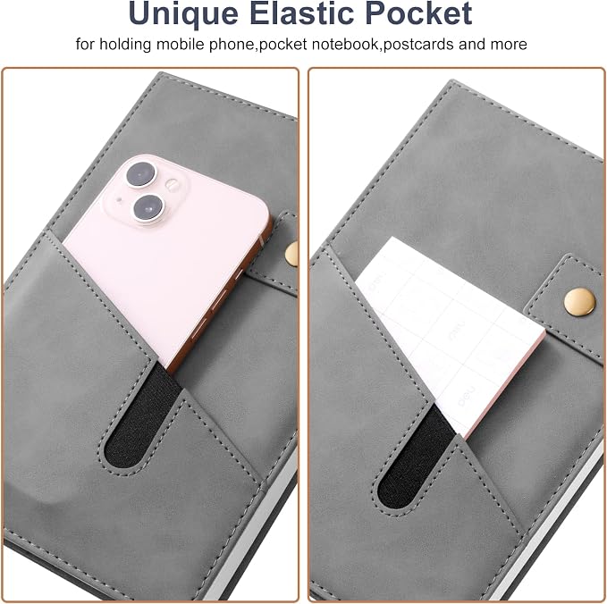 A5 Leather Journal Notebook with Pen, 200 Pages Hardcover Journal with Pocket, 100gsm Thick Lined Paper Daily Diary for Men and Women, Great Gift for Business School Travel Personal - Gray