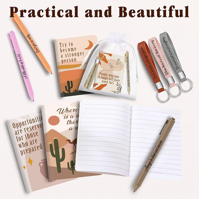 DoubleCare 64 Pcs Motivational Mini Notebooks Bulk Set,16Pcs Motivational Quote Notebooks,16Pcs Ballpoint Pens,16Pcs Keychains,16Pcs Packaging Bags,Thank You Gifts for Teacher Colleagues