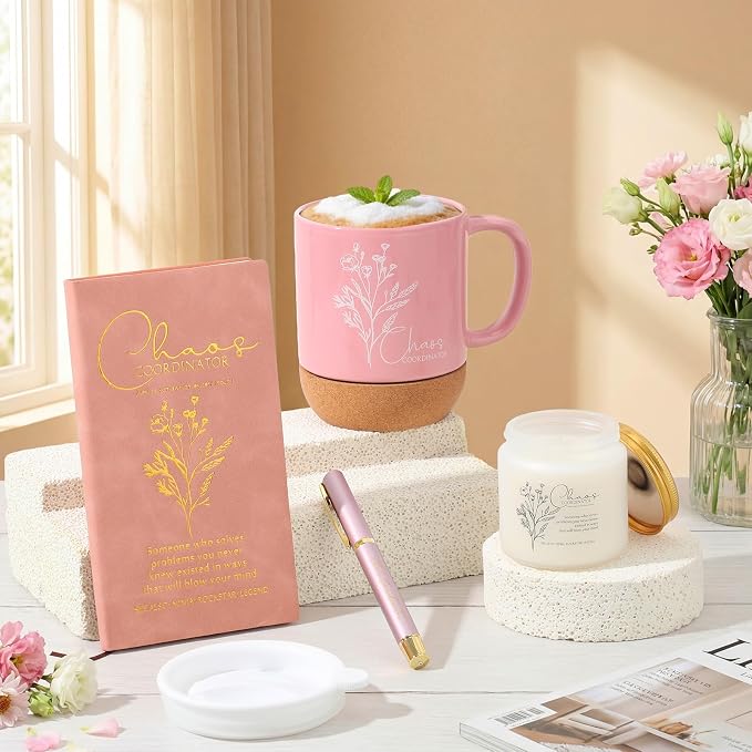 Sayglossy 4 Pcs Pink Chaos Coordinator Gift Set Back to School Gift for Teachers Women Men Notebook Coffee Mug Scented Candle Ballpoint Pen for Teacher Assistant Principal Class School Staff Coworker