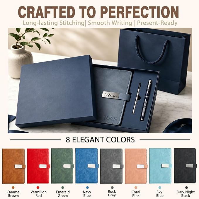 Personalized Leather Journal Notebook with Pen Gift Set - Custom Executive Hardcover A5 Writing Diary with Magnetic Closure for Men, Women, Business, Graduation, Birthday, Corporate Gifts (Custom Leather Notebook)