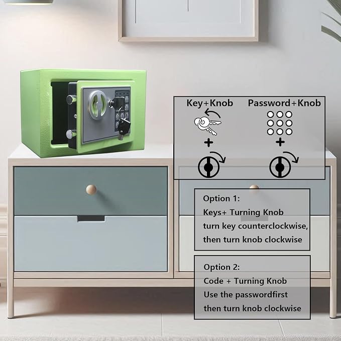 Yuanshikj Small Steel Security Safe Box with Keypad,Key;0.23 Cu Ft, Green | Electronic Digital Secure,9.1" W x 6.7" D x 6.7" H,Hidden for Home Dorm Apartment Hotel Office Cash Jewelry Storage