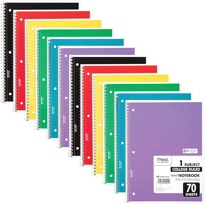 Mead Spiral Notebook, 12 Pack, 1 Subject, College Ruled Paper, 7-1/2" x 10-1/2", 70 Sheets per Notebook, Colors Will Vary (830063-ECM25)