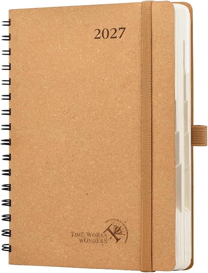 POPRUN 2027 Daily Planner One Page Per Day, Recycled Paper Planner with 5.75" x 8.5", Calendar Book with Italian Regenrated Leather Hard Cover, Hourly Time Slots, Spiral Bound, Monthly Tabs - Desert Brown