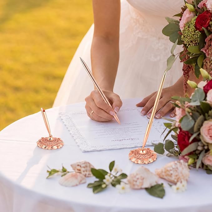 2 Pcs Gold Bridal Shower Pens for Guest Book with 360° Rotating Metal Pen Holder, Wedding Guest Book Signing Pen Set, Durable Metal Ballpoint Pens for Reception Table Decor