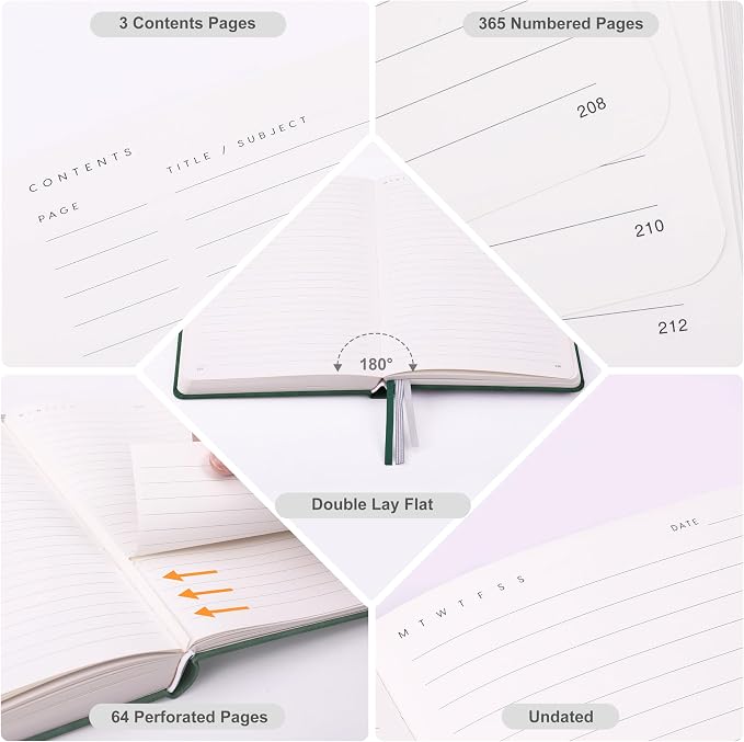 &And Per Se 365 Page Journal – A5 Hardcover Lined Notebook, One Book for the Whole Year, 100gsm Thick Paper, Numbered Pages & 3 Bookmarks, Annual Diary for Daily Writing (Dark Green)