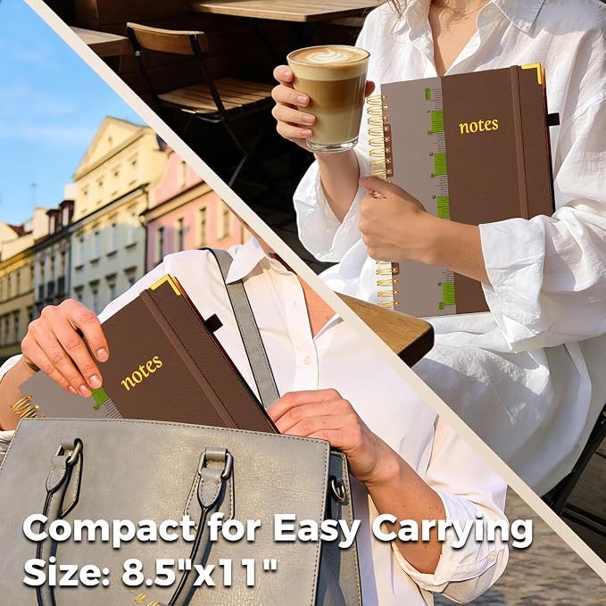 XYark A4 Hardcover Spiral Notebook, 8.5"x11" College Ruled Notebooks with Removable Dividers Tabs & Ruler, 5 Subject Notebook 300 Pages, Large Lined Journal for Women Men School Work Office, Brown
