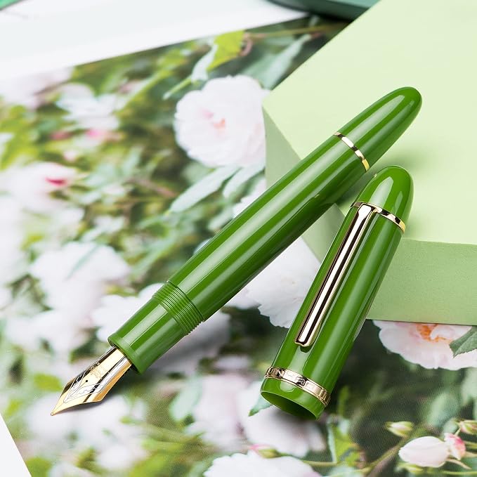Jinhao X159 Avocado Green Acrylic Fountain Pen, Size 8 Fine Nib Gold Trim Classic Design Smooth Writing Pen with Converter