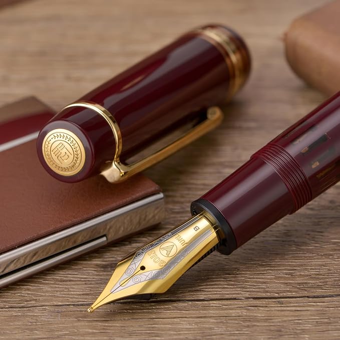 Wikult Yongsheng Junlai 930 Acrylic Fountain Pen, Size 9 Fine Nib with Piston Filling System, Wine Red Fence Ink Tank with Flat Top Design Smooth Writing Pen (Gold Trim)