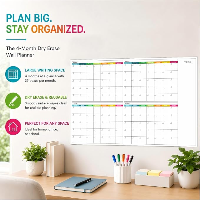 Dry Erase Calendar for Wall 38x 25" Undated 4 Month Wall Calendar | Colorful Layout, Reusable PET Erasable Surface, Large 4-Month View, Easy to Write and Wipe Clean