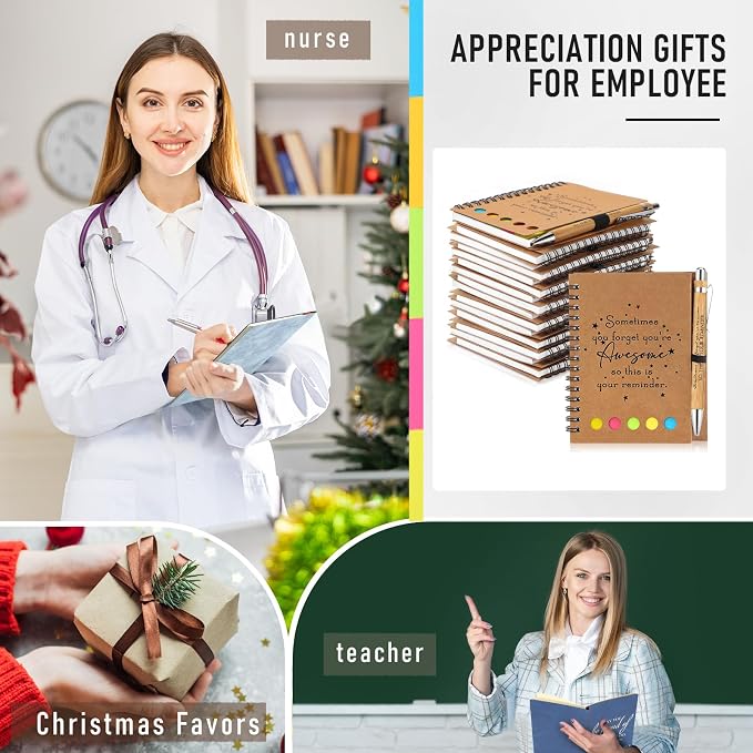 Chuangdi 10 Sets Back to School Teacher Gifts Appreciation Journal Inspirational Notebook with Sticky Notepad Ballpoint Pen Bulk Thank You Gifts for Student Staff Team Coworker Nurse(Kraft)