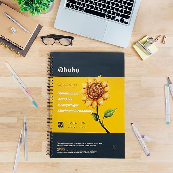 Ohuhu 16.5"x11" Marker Paper Pad Art Sketchbook for Drawing and Sketching | XL A3 Large Sketch Book -120 LB/200 GSM Smooth Drawing Paper -48 Sheets/96 Pages -Spiral-Bound Sketch Pad for Alcohol Markers