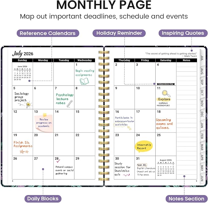 Planner 2026-2027, Academic Monthly and Weekly Calendar Planner for Women, July 2026 - June 2027, Hardcover Pretty Agenda Planner Book with Tabs, Spiral Daily Organizer for School Office Home Supplies, 6.3" x 8.5" - Enchanted Fungi