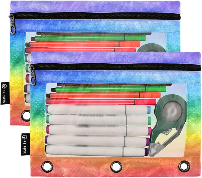 ALAZA Pencil Pouch for 3 Ring Binder, Colorful Stripe Rainbow Binder Pencil Pouches with Clear Window Zipper Pencil Case Cosmetic Bags for Office College Supplies, 2PCS