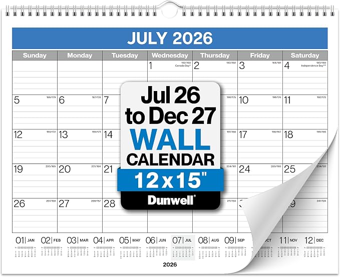 Dunwell Wall Calendar 2026-2027, 15" x 12", Jul. 2026 to Dec. 2027, 18 Months Monthly Planner with Thick Paper, Twin-Wire Binding, Large Hanging Calendar for School, Office Organizing, Easy Read