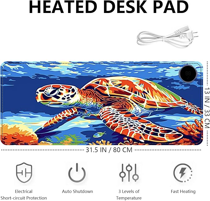 Heated Mouse Pad with 3 Levels Heated & 3 Hours Auto Shut-Off Mouse Pad for Warming Hands in Office Home, 31.5" x 13"Large Safe Desk Mat Hand Warmer，Sea Turtle