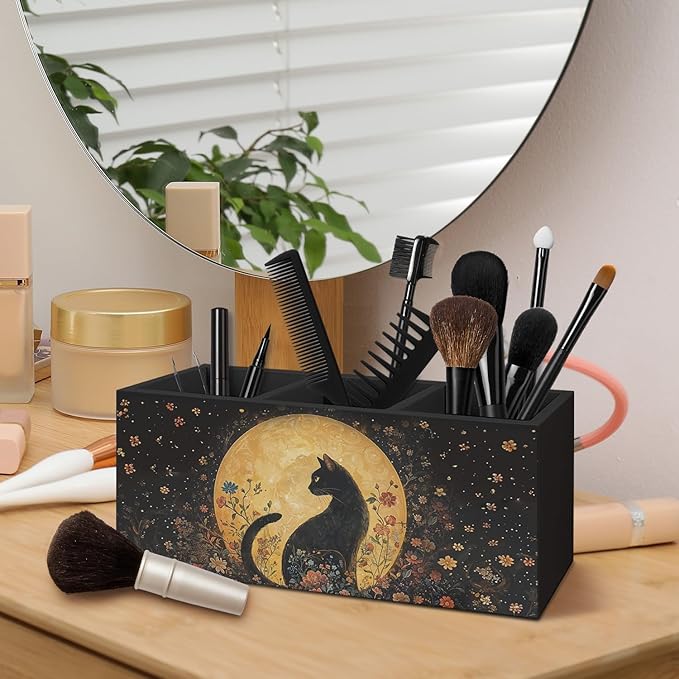 Witchy Black Cat Pen Holder for Home Office Desk, Cat Lover Gifts, Witchy Moonlight Floral Black Cats Makeup Brush Toothbrush Holder Organizer for Bathroom Desk Accessories
