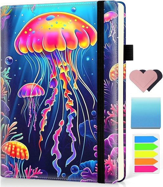 Hardcover Executive Notebooks, A5 PU Leather Lined Journal Notebook, 200 Pages Thick Paper Subject Notebooks for School,Work,Home Writing Business Notebook, Diary Book ，Colorful Large Jellyfish