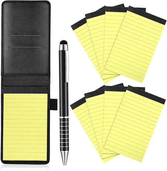 Outus 10 Pcs Mini Pocket Notepad Holder Set Included Small Leather Pocket Notebook Holder with 50 Lined Sheets, Metal Pen, 8 Pcs 3 x 5 Inch Memo Book Refills, 30 Lined Paper Per Note Pad(Black,Yellow)