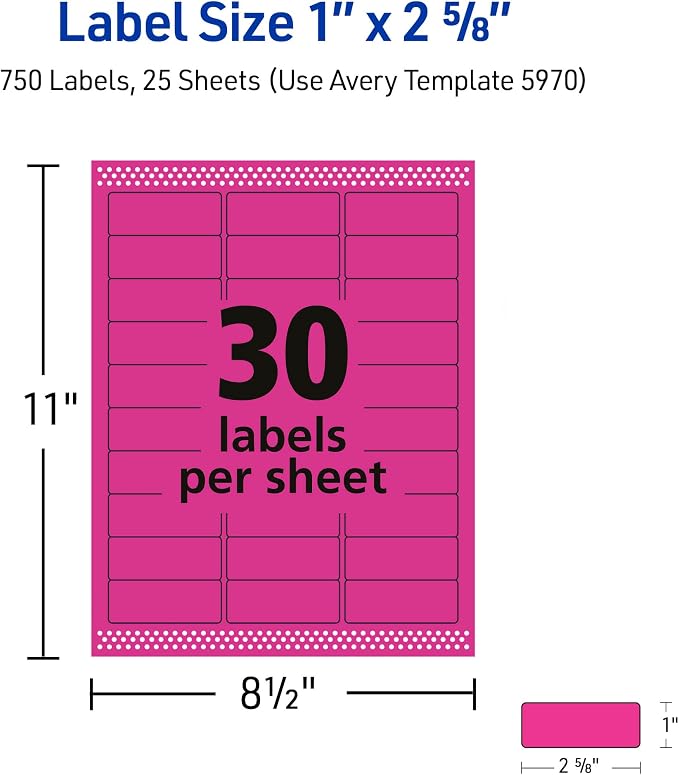 Avery Printable Address Labels with Sure Feed, 1" x 2-5/8", Neon Magenta, Laser & Inkjet Compatible, 750 Blank Labels Total, Great for Branding, Mailing, Organizing, and More (5970)