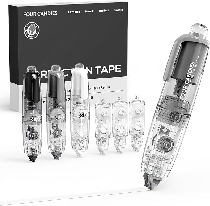 Four Candies 3-Pack White Correction Tape, 3 Refills, 118.1 ft, 6mm Width | Refillable, Tear-Resistant, Smooth, Quick Dry, Cute Pen Shaped Applicator, School Supplies for Teen & Adults