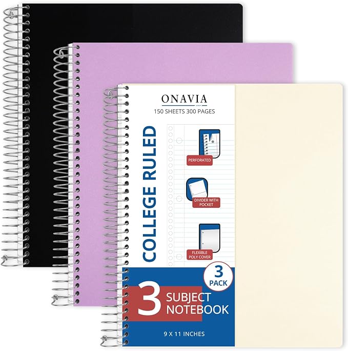 ONAVIA 3 Subject Spiral Notebook College Ruled 3 Pack, 300 Pages | 150 Sheets, 9 x 11 in, 6 Pack Waterproof Plastic Cover, Durable, School Notebooks, Homework, Test Prep