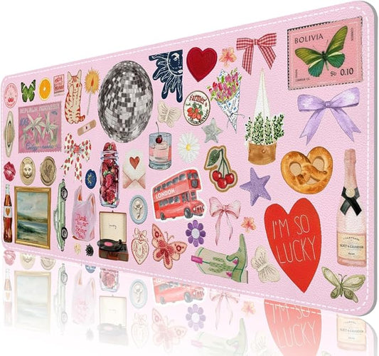 Pink Desk Mat, Leather Desk Pad Blotter Protector, XXL Large Mouse Pad,Computer Laptop Mouse Pads for Desktop,Waterproof Writing Anti-Slip Mousepad for Office and Home I Colorful Stickers