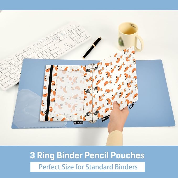 ALAZA Pencil Pouch for 3 Ring Binder, Cute Foxes Polka Dot Cartoon Binder Pencil Pouches with Clear Window Zipper Pencil Case Cosmetic Bags for Office College Supplies, 2PCS