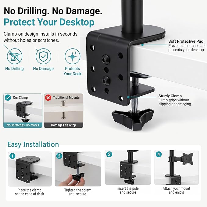 Yalikop 2 Pack Heavy Duty Desk Clamp for Monitor Mount Universal Desk Grommet Mount Adapter Black Steel Replacement C Clamp Fits 0.4-4 Inch Thick, Compatible with Monitor Arm, Microphone Boom Arm