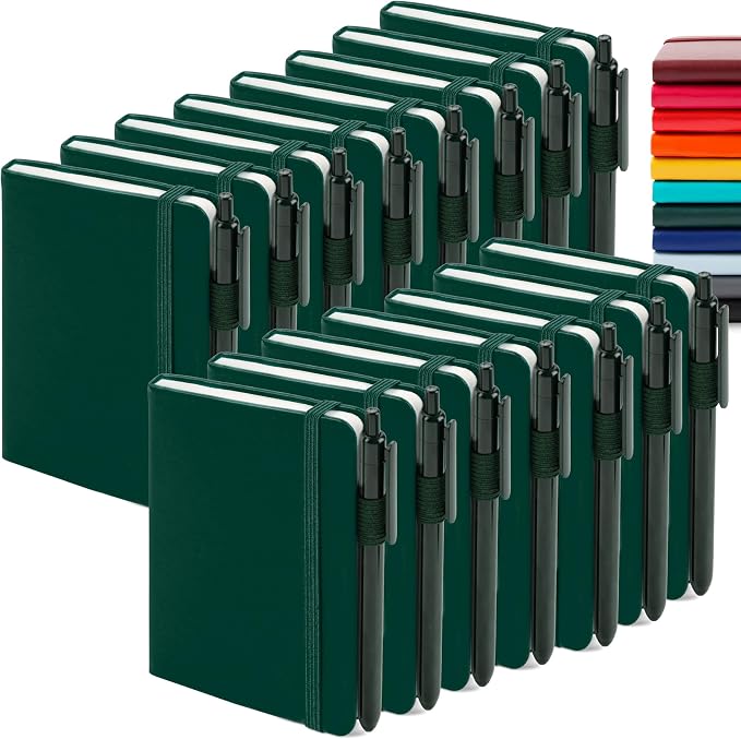 feela 15 Pack Pocket Small Notebooks Bulk, Mini Cute Notepads Hardcover College Ruled Lined Journals with Pen Holder for School Business Memos, with 15 Black Pens, 3.5”x 5.5”, A6, Dark Green