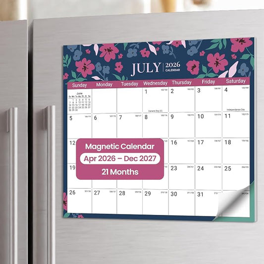 Aesthetic 2026-2027 Magnetic Calendar for Refrigerator, 21-Month Fridge Calendar Magnet from April 2026 to December 2027, Easy Organizing，Twilight Petals