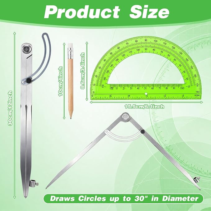 Zonon Professional 12 Inch Large Compass with Wing for Woodworking and 6 Inch Protractor Set, Pencil Compass for Geometry Math Carpenter, Drafting, Drawing Tool (Green)